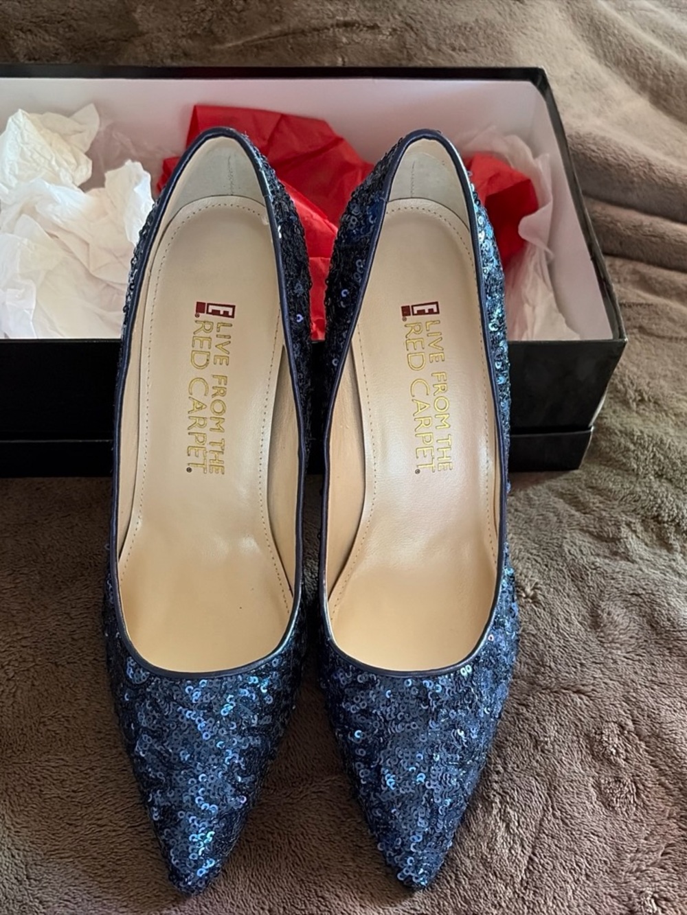 Navy Sequin Pointed Toe Pumps